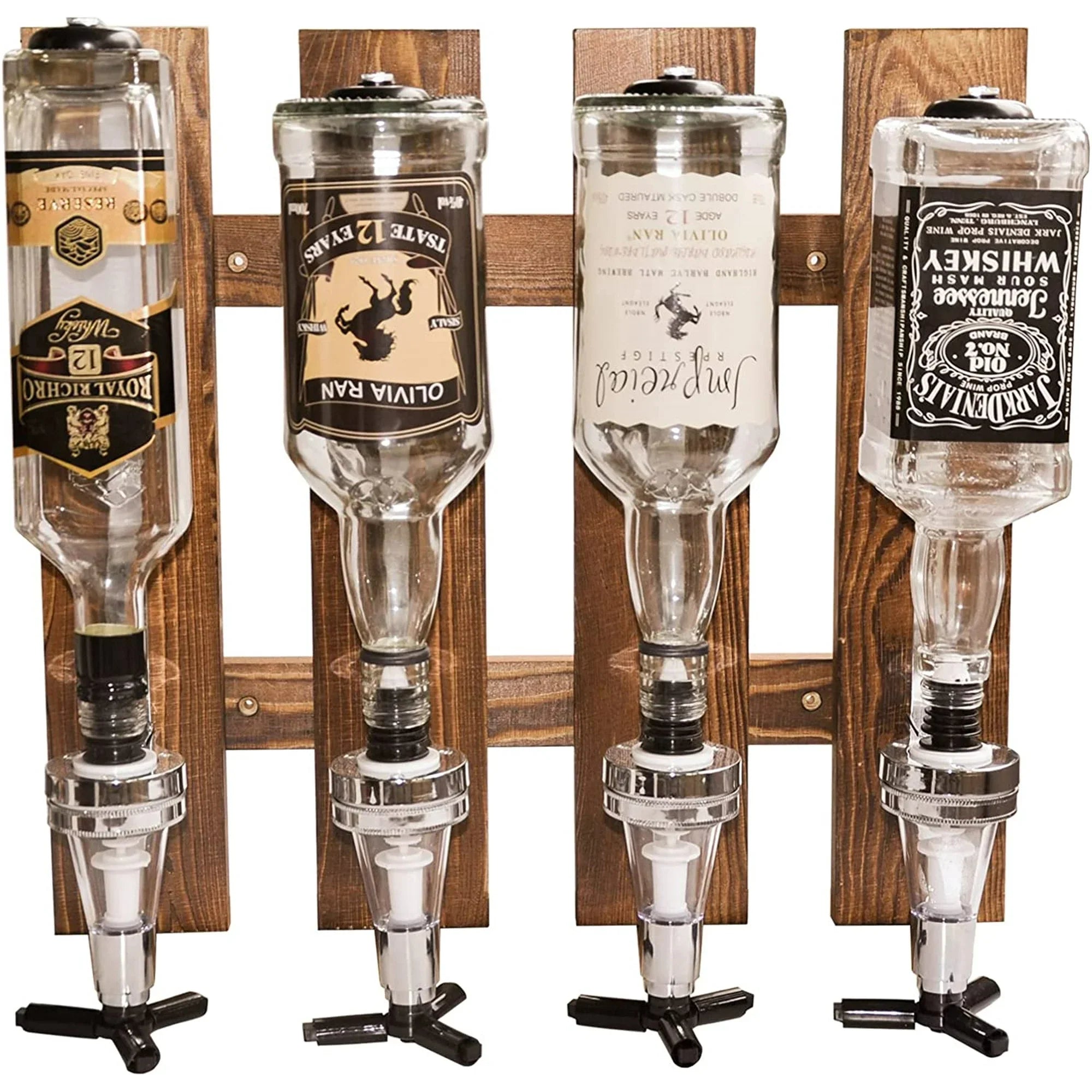 4-Bottle Wall Mounted Liquor Dispenser, Wooden Wall Shelf for Home Bar