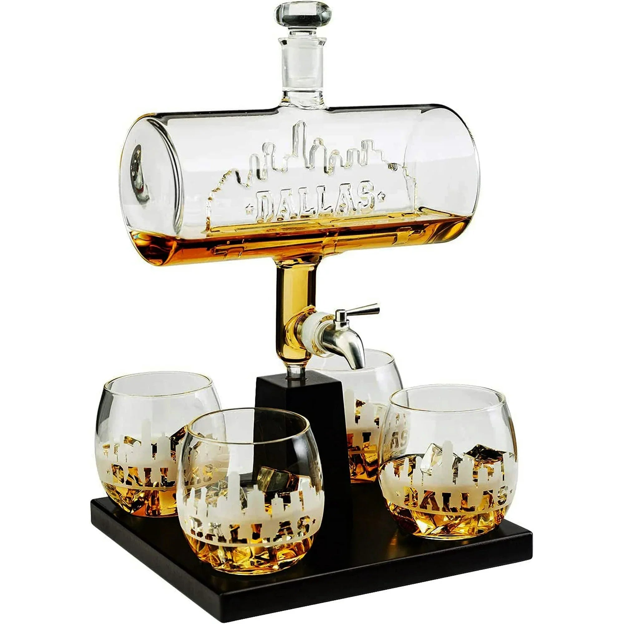 Dallas City Skyline Whiskey Decanter Dispenser and 4 Liquor Glasses - Whisky Decanter & Glass Set