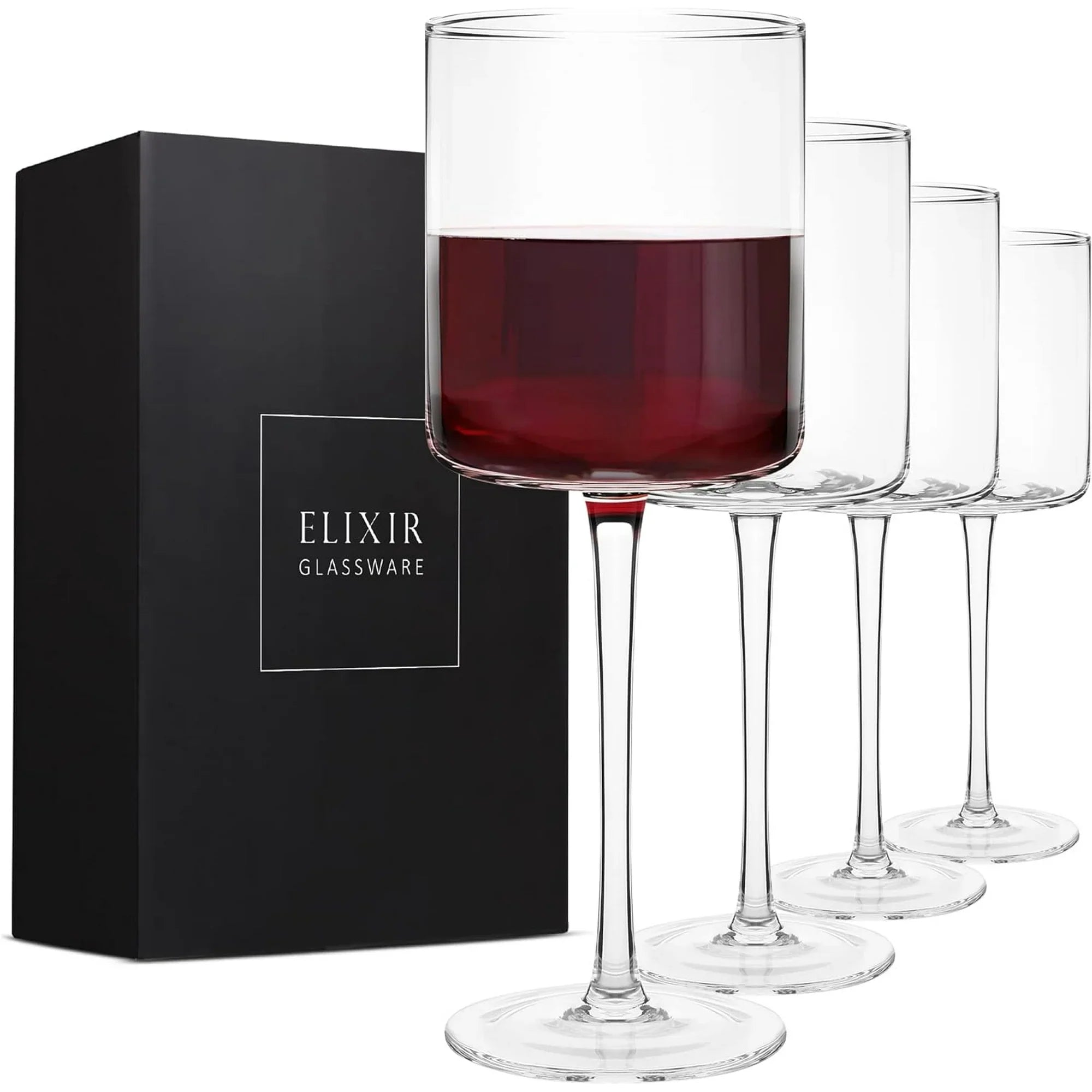 Square Red Wine Glasses Set of 4 - Hand Blown Edge Wine Glasses
